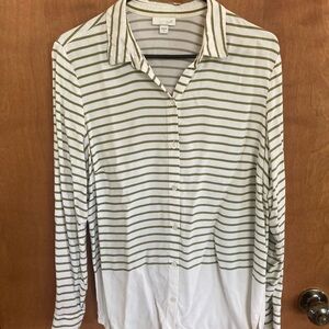 JJill Striped Button-Up Shirt in White and Olive 100% Rayon